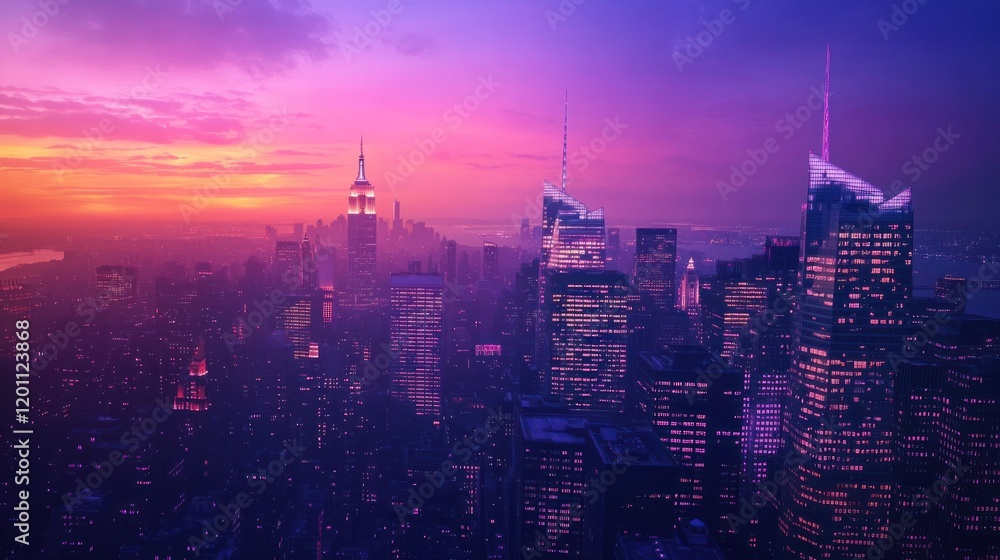 Fototapeta premium Vibrant sunset cityscape with skyscrapers and hazy atmosphere.