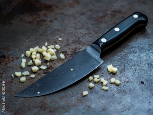 Close up of a black knife and minced garlic on dark metallic surface ready to cook photo