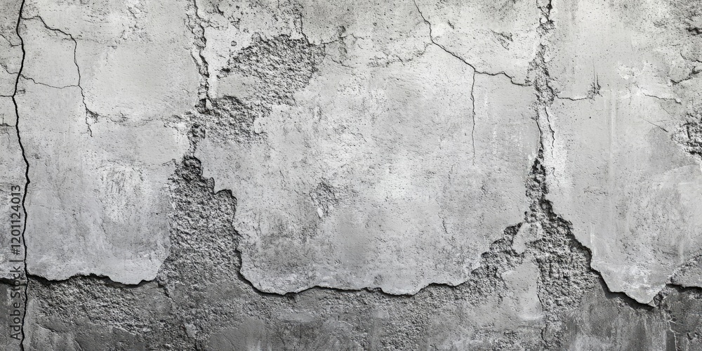 Obraz premium Cracked gray and white mortar wall texture with rough patches and visible fissures creating an aged concrete background for various designs