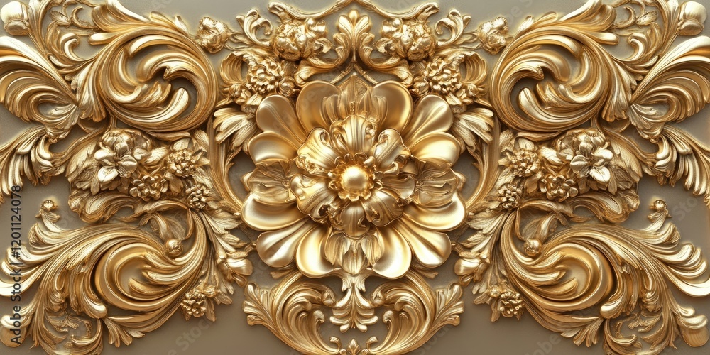 Luxurious gold ornate decorative design with intricate floral details and swirling patterns centered in the composition against a neutral background. Luxurious gold ornate decorative design with intricate floral details and swirling patterns centered in the composition against a neutral background.