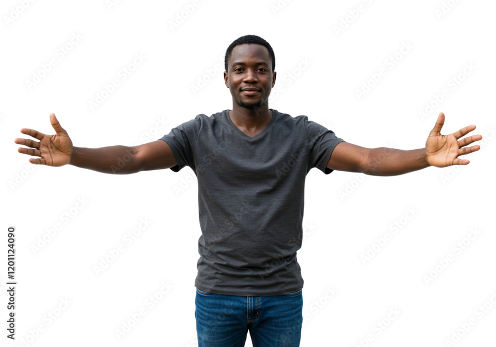 Fototapeta premium Happy Smiling Man Open Arms Welcoming Gesture Friendly Embrace Black Background Studio Portrait Male