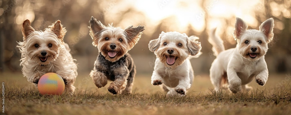 Obraz premium Four playful dogs run joyfully in a sunlit field, showcasing their energy and happiness while chasing a colorful ball.