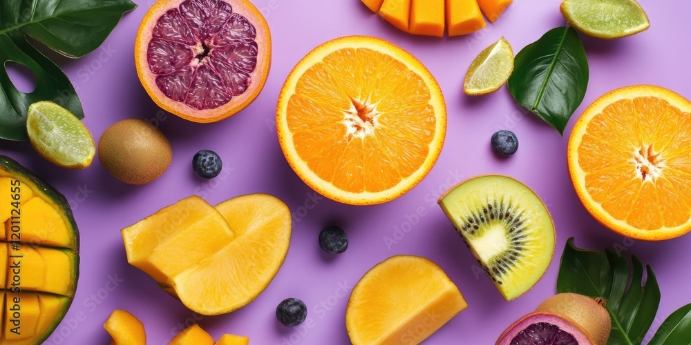 Vibrant flat lay of tropical fruits including orange mango kiwi and lime on lavender background with green leaves and blueberries arranged artistically Vibrant flat lay of tropical fruits including orange mango kiwi and lime on lavender background with green leaves and blueberries arranged artistically