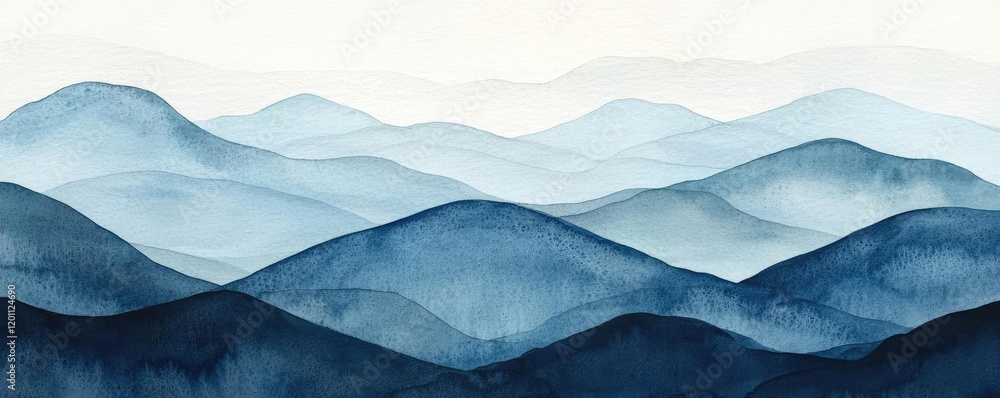 Obraz premium Watercolor concept. Serene watercolor painting depicting layered mountain ranges in soothing blue tones.