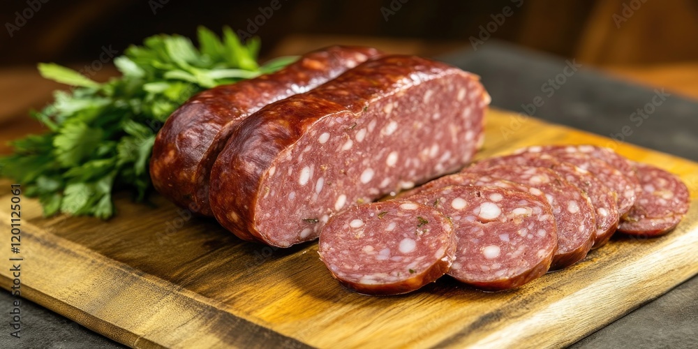 Slices of prepared pork sausage arranged on a wooden board with fresh parsley on the side showcasing rich red and brown hues. Slices of prepared pork sausage arranged on a wooden board with fresh parsley on the side showcasing rich red and brown hues.