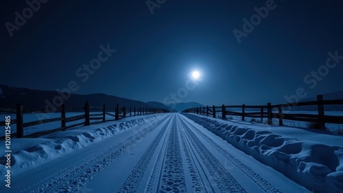 A serene winter scene reveals an expansive, snow-covered road glistening under the sky, marked by solitary tire tracks at its heart, inviting mystery and adventure photo