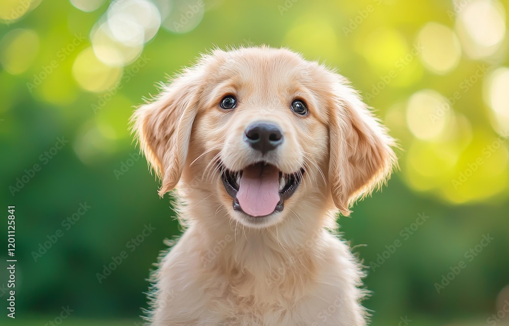 A cheerful golden retriever puppy with a bright smile, set against a soft, blurred green background, exuding warmth and joy. A cheerful golden retriever puppy with a bright smile, set against a soft, blurred green background, exuding warmth and joy.