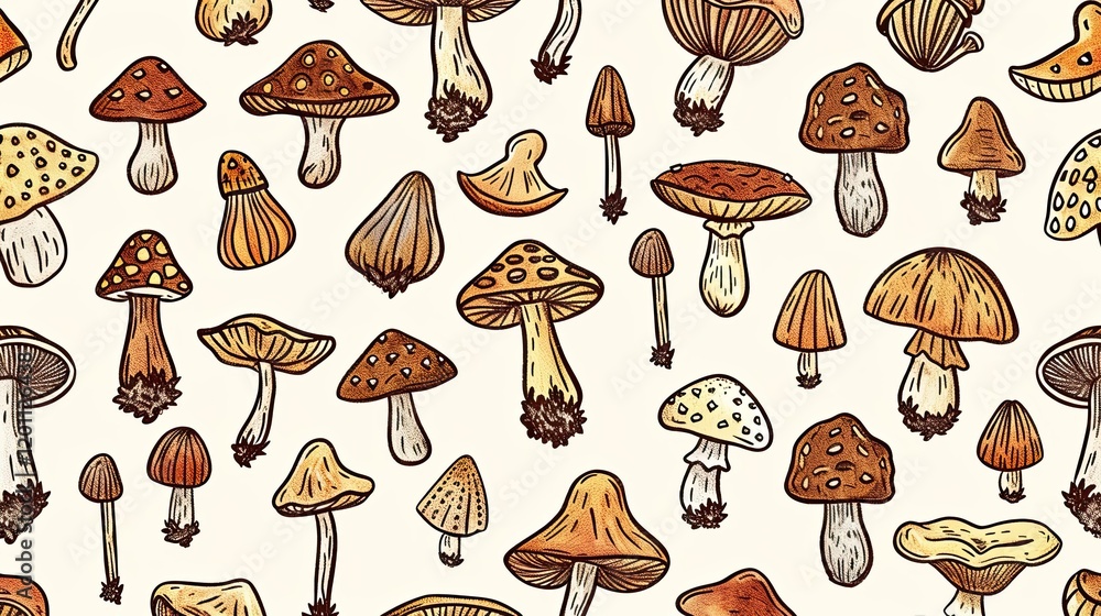 vector seamless pattern with mushrooms on a white background, with autumn colors, a simple design, flat color illustration vector seamless pattern with mushrooms on a white background, with autumn colors, a simple design, flat color illustration