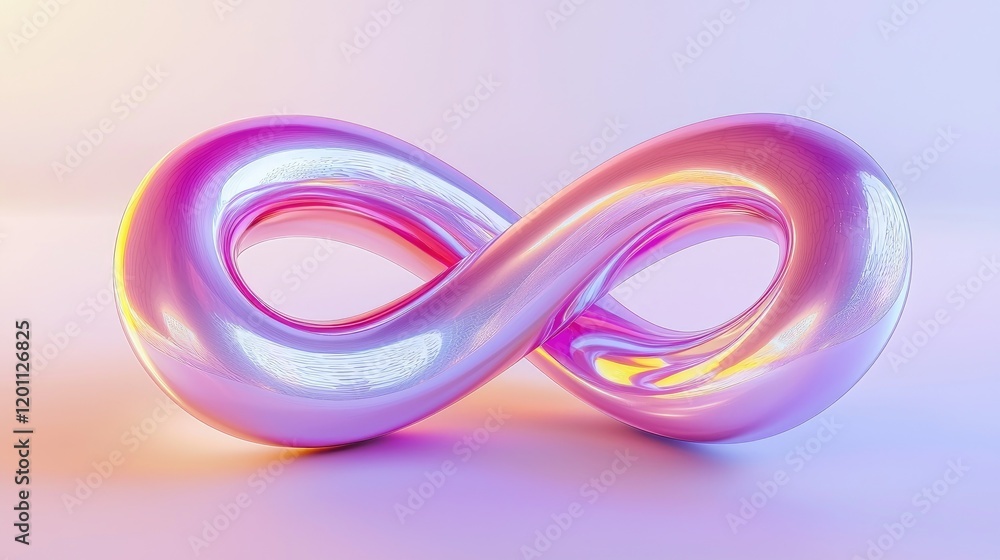 Infinite Loop 3D Render of a Polished, Iridescent Pink Mobius Strip Against a Soft, Pastel Background. Infinite Loop 3D Render of a Polished, Iridescent Pink Mobius Strip Against a Soft, Pastel Background.
