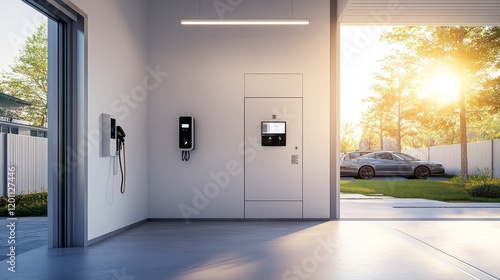 Contemporary hydrogen power station  professional wall installation setup  clean white interior space  advanced charging infrastructure  afternoon sunlight streaming through entrance  modern suburban
