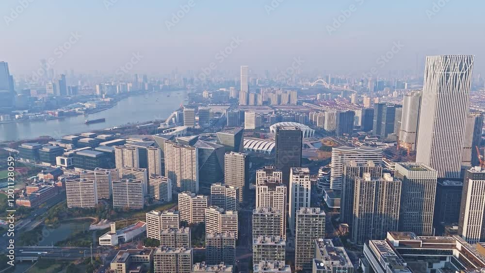 4K Real Time Aerial view of New bund and Shanghai Oriental Sports Center in Shanghai 4K Real Time Aerial view of New bund and Shanghai Oriental Sports Center in Shanghai