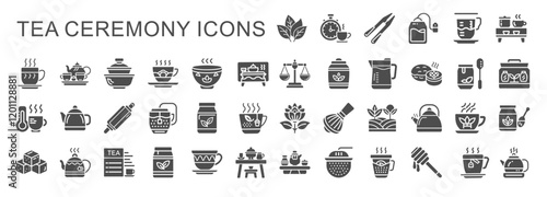 tea ceremony set glyph icons, kettle tongs strainer spoon