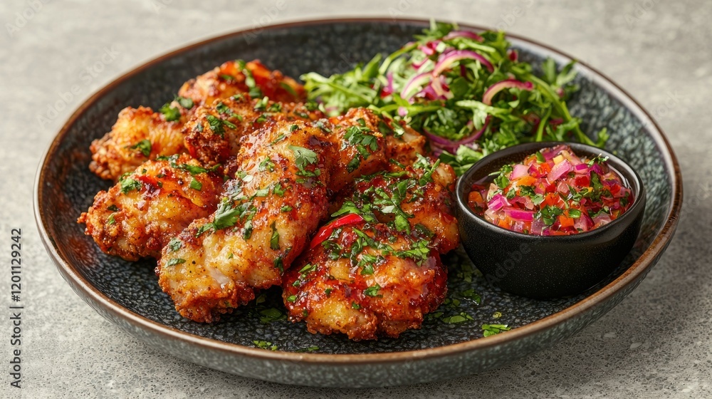Fototapeta premium Spicy chicken tenders, salad, salsa, grey stone