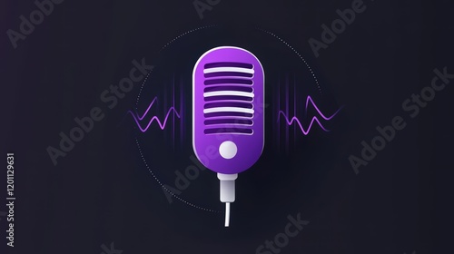 3D icon of a purple button with sound waves and a microphone. design app button for audio recording software