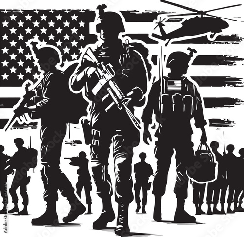 Black Color American soldiers with guns and backpacks Silhouette Vector