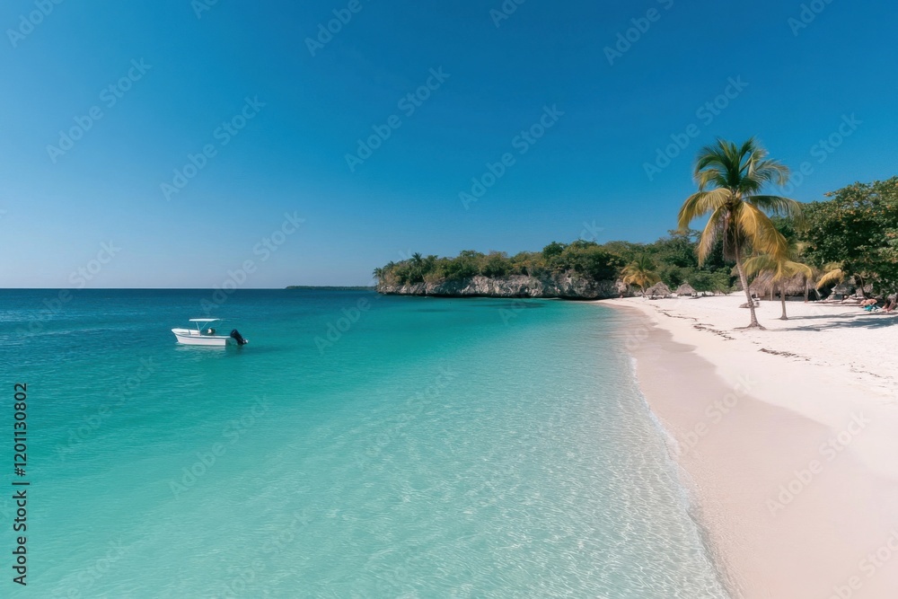 Naklejka premium White motorboat floating on turquoise water near tropical beach in dominican republic