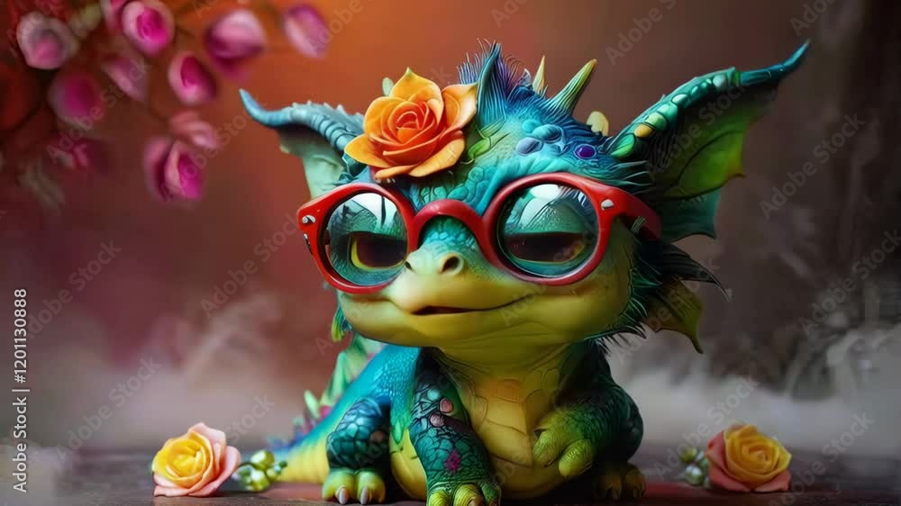 Charming Colorful Dragon with Glasses and Flower Whimsical Fantasy Creature Bringing Vibrant Joy to Any Setting Charming Colorful Dragon with Glasses and Flower Whimsical Fantasy Creature Bringing Vibrant Joy to Any Setting