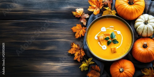 Pumpkin cream soup in a gray bowl surrounded by orange and white pumpkins on a dark wooden table with autumn leaves on the side photo