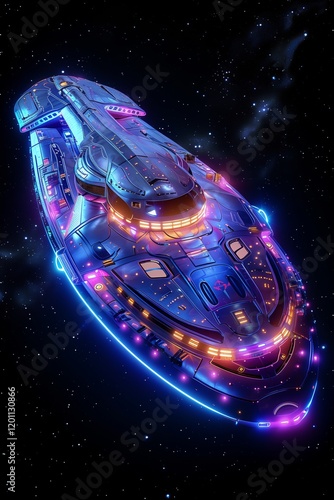 A futuristic spaceship illuminated with colorful neon lights in deep space. photo