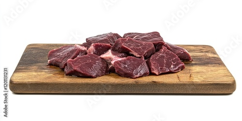 Raw venison cuts arranged on a rustic wooden cutting board against a clean white background showcasing game meat freshness and quality. photo