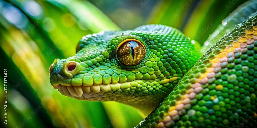 Fototapeta premium Green Tree Python Close Up, Aerial Drone Photography, Reptile Portrait
