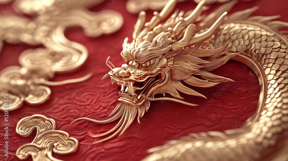 A close-up of a gold dragon graphic intricately embossed on a red Chinese New Year card. The shimmering details stand out against the vibrant background, symbolizing power and prosperity. A close-up of a gold dragon graphic intricately embossed on a red Chinese New Year card. The shimmering details stand out against the vibrant background, symbolizing power and prosperity.