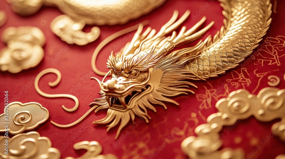 A close-up of a gold dragon graphic intricately embossed on a red Chinese New Year card. The shimmering details stand out against the vibrant background, symbolizing power and prosperity. A close-up of a gold dragon graphic intricately embossed on a red Chinese New Year card. The shimmering details stand out against the vibrant background, symbolizing power and prosperity.