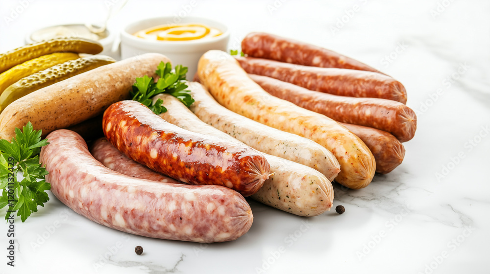 Sausage Variety Platter: A delectable assortment of various sausages, including bratwurst, Italian sausage, and weisswurst, artfully arranged with fresh parsley and mustard. Sausage Variety Platter: A delectable assortment of various sausages, including bratwurst, Italian sausage, and weisswurst, artfully arranged with fresh parsley and mustard.