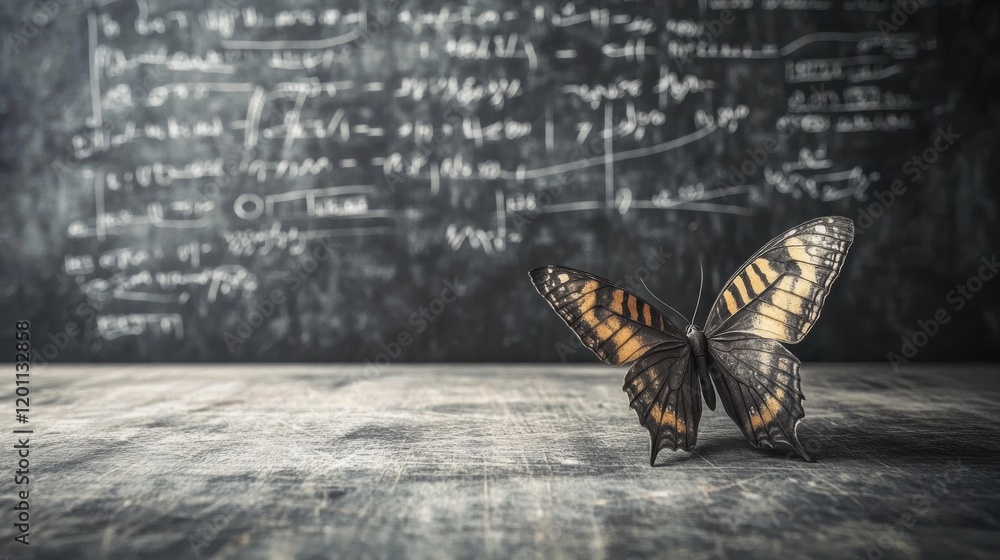 Fototapeta premium Butterfly resting on a wooden surface with a chalkboard filled with mathematical equations in a classroom setting