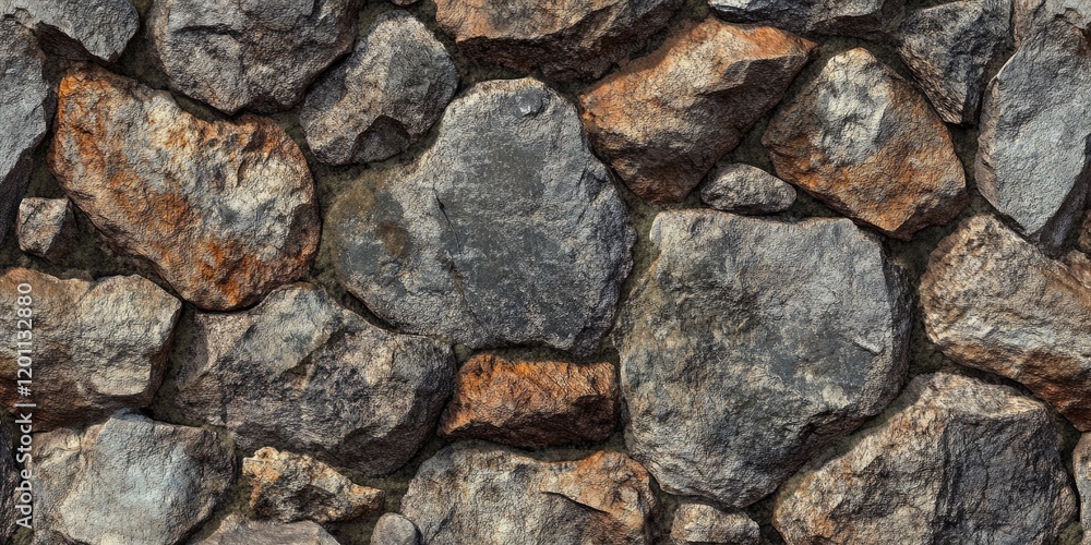Textured gray and brown stone wall with irregular rocks randomly positioned, ideal for home decoration or architectural design. Textured gray and brown stone wall with irregular rocks randomly positioned, ideal for home decoration or architectural design.