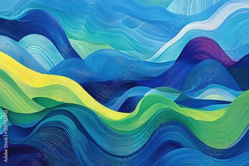 A dynamic banner showcasing overlapping abstract wave patterns in blues and greens, resembling a lively beach scene. photo