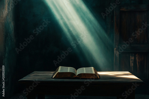 Wallpaper Mural Open old book on wooden table in dark room with beam of sunlight streaming through window Torontodigital.ca