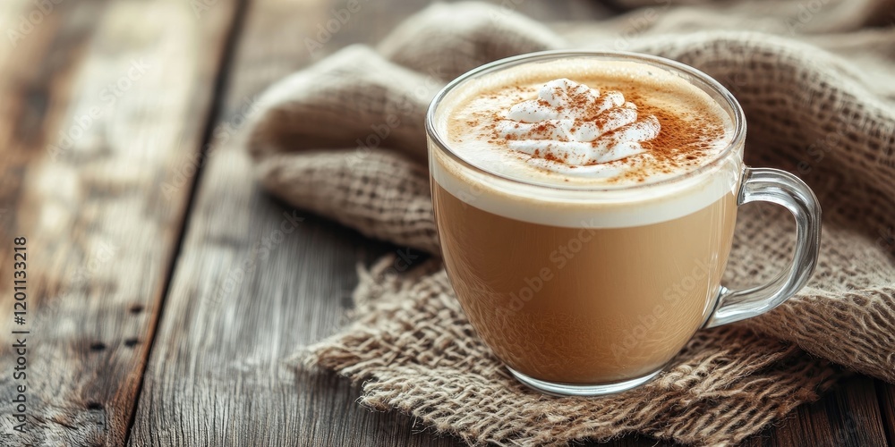 Pumpkin spice latte in a clear glass cup on rustic wooden table with beige fabric, topped with whipped cream and cinnamon for autumn vibes Pumpkin spice latte in a clear glass cup on rustic wooden table with beige fabric, topped with whipped cream and cinnamon for autumn vibes