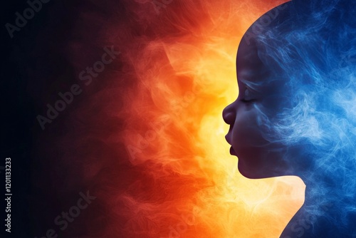Abstract baby ultrasound design, surrounded by vibrant blue and orange smoke, creating a striking contrast between warmth and coolness