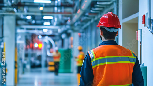 An industrial facility with automatic fire alarm systems, emergency exits clearly marked, and workers following all safety regulations.