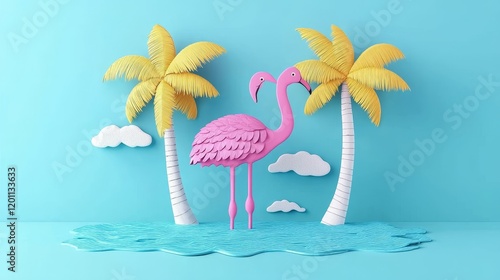 Pink flamingo standing between two stylized paper palm trees on a blue background