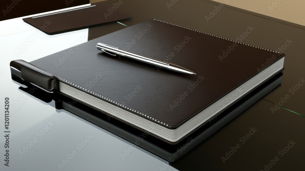 Stylish Leather Notebook and Pen on a Modern Desk - Perfect for a Productive Day Stylish Leather Notebook and Pen on a Modern Desk - Perfect for a Productive Day