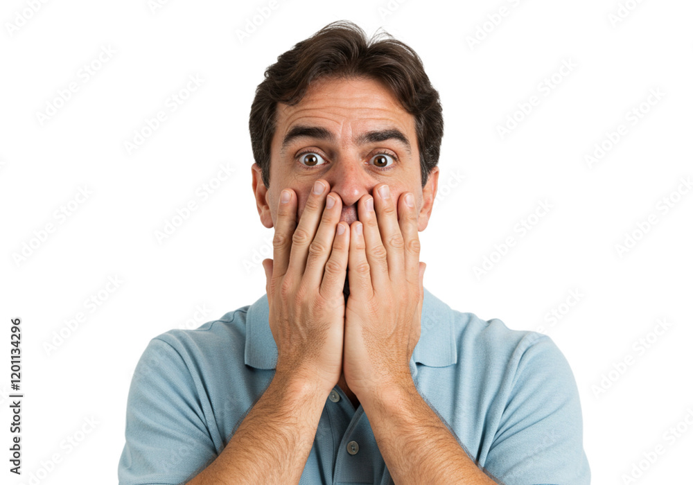 Shocked Man Covering Mouth Hands Surprised Expression Studio Portrait awe face fear male worry panic Shocked Man Covering Mouth Hands Surprised Expression Studio Portrait awe face fear male worry panic