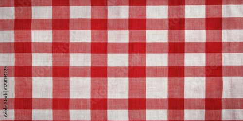 Red and white classic checkered tablecloth texture with vibrant squares arranged in a grid pattern creating ample space for overlaying text or design