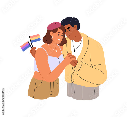 Cute couple loves each other, hugs. Bisexual beloveds with LGBT flags hold hands together. Happy lovers embrace, cuddle. Interracial relationship. Flat isolated vector illustration on white background