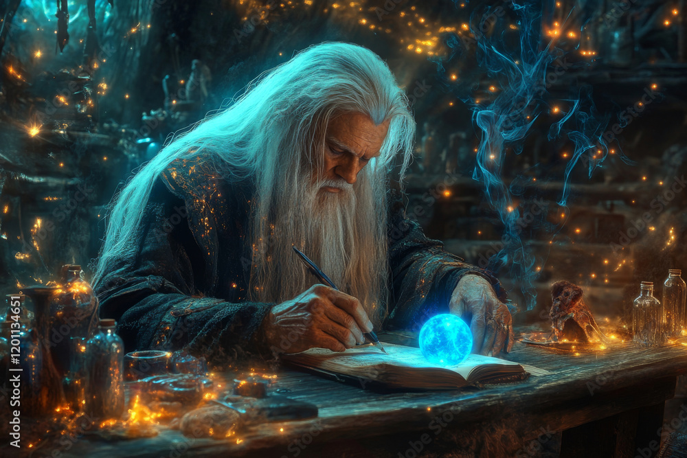 Senior wizard with long white beard writing magic spells in his book with magic wand and crystal ball in fantasy forest