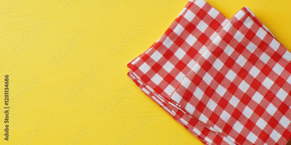 Fototapeta premium Red checkered napkins positioned diagonally on a bright yellow background create a vibrant summer theme with a minimalist aesthetic