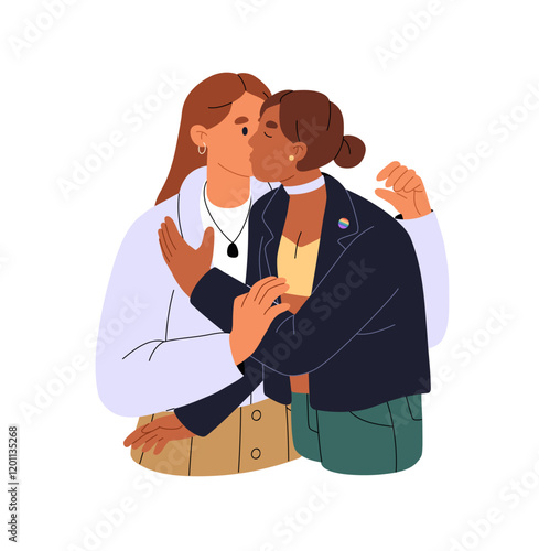 Happy lesbians hug and kiss. Interracial LGBT couple loves each other, shows romantic feelings. Homosexual lovers, beloveds cuddle, embrace. Flat isolated vector illustration on white background