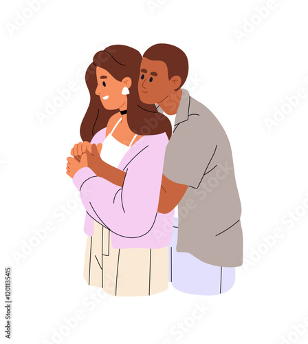 Cute romantic couple in interracial relationship hugs. Happy boyfriend embraces his lover from back. Beloveds love each other, cuddle together. Flat isolated vector illustration on white background