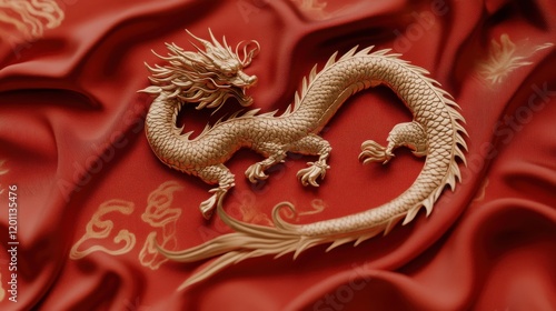 A golden dragon graphic in a dynamic pose, printed on a red card with swirling patterns. The card is placed on a silk fabric background, enhancing its luxurious and festive appeal.