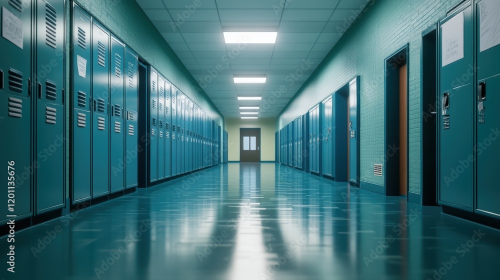 Fototapeta premium School hallway with turquoise lockers and shiny floor during midday