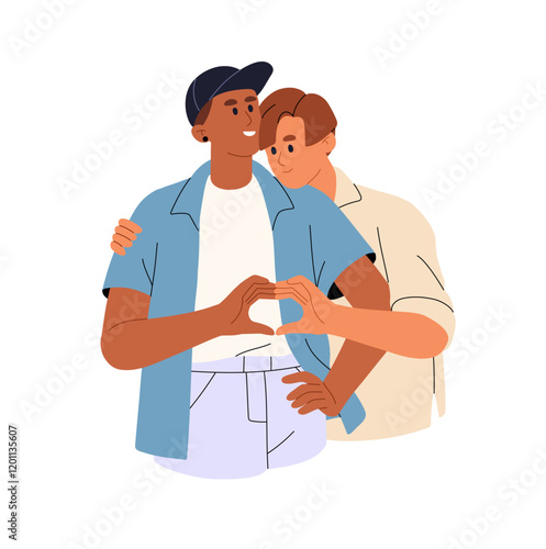 Interracial romantic couple of gays hand gesturing sign of love, heart together. Homosexual beloveds, lovers hug, cuddle. LGBT relationships. Flat isolated vector illustration on white background