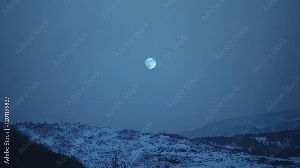 A low-hanging moon over a snow-covered landscape, creating a dreamy winter night A low-hanging moon over a snow-covered landscape, creating a dreamy winter night