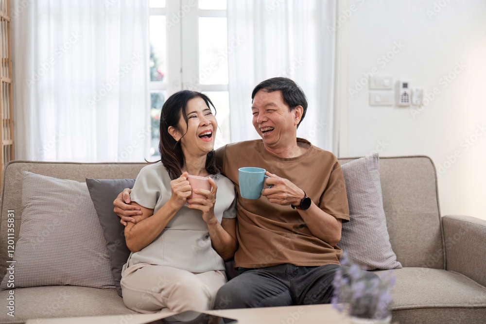 Elderly Couple Relaxing on Sofa Enjoying Leisure Time at Home with Warm Smiles and Cozy Atmosphere Elderly Couple Relaxing on Sofa Enjoying Leisure Time at Home with Warm Smiles and Cozy Atmosphere