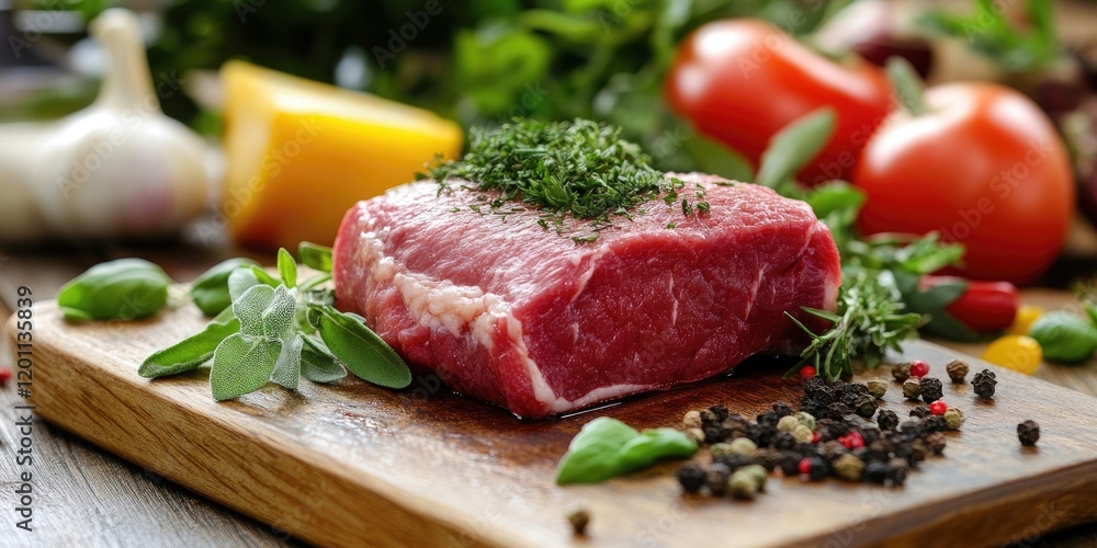 Fresh beef steak garnished with green herbs on a wooden cutting board, surrounded by colorful vegetables and spices, creating a vibrant culinary scene. Fresh beef steak garnished with green herbs on a wooden cutting board, surrounded by colorful vegetables and spices, creating a vibrant culinary scene.